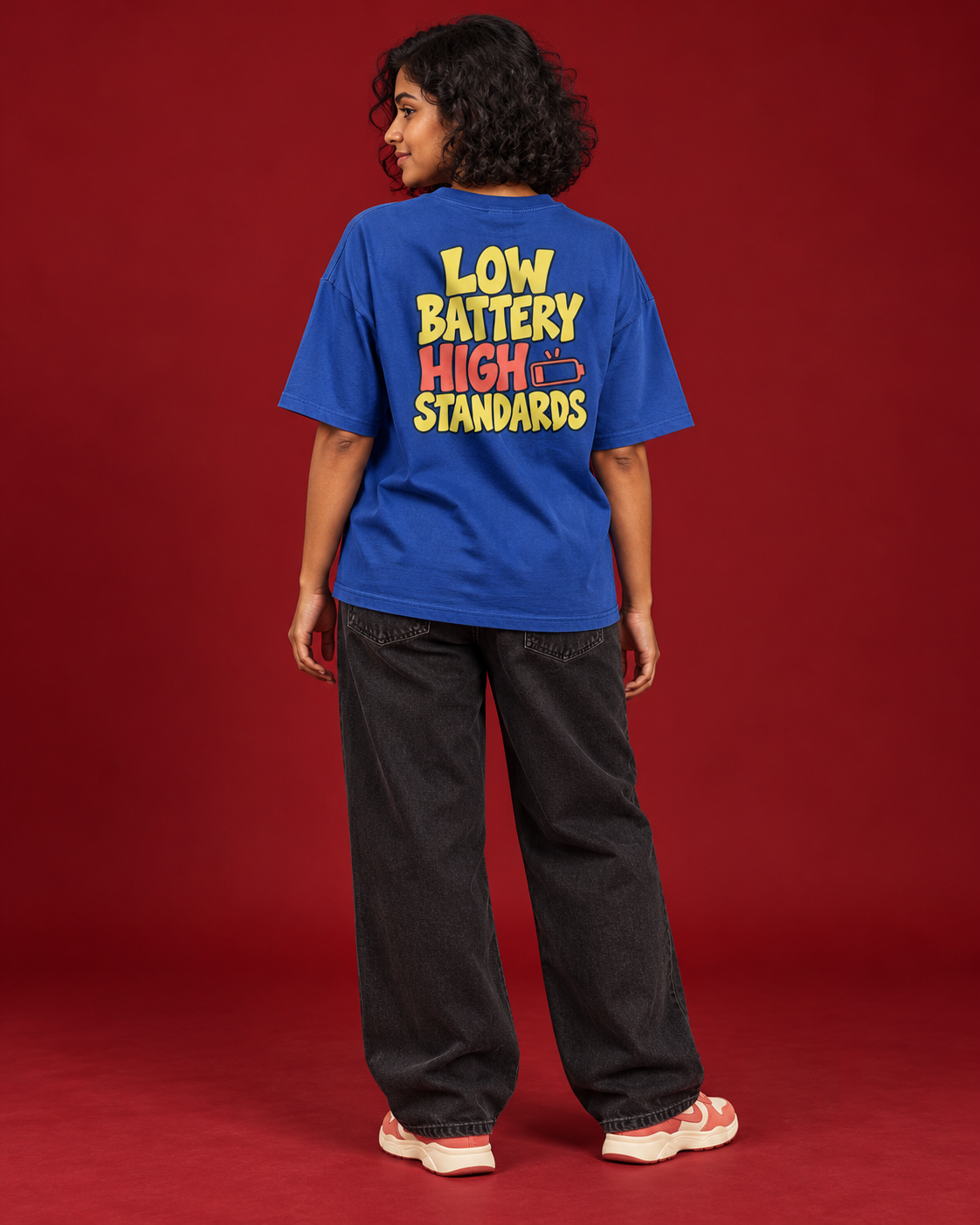 LOW BATTERY HIGH STANDARDS blue tee yellow coral back typography
