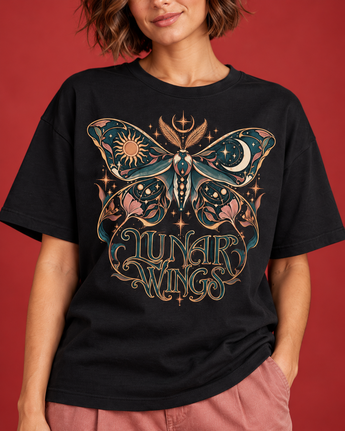 LUNAR WINGS celestial moth print cotton close-up