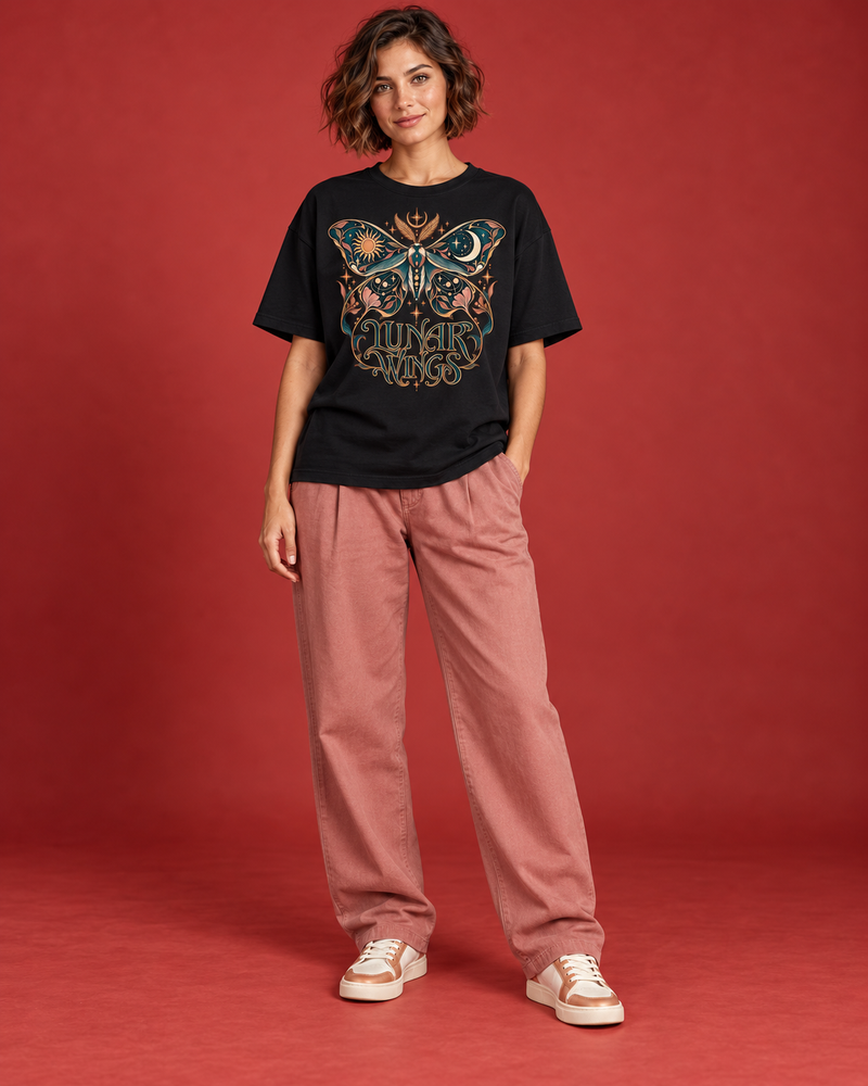 LUNAR WINGS — WOMEN'S BLACK OVERSIZED T-SHIRT