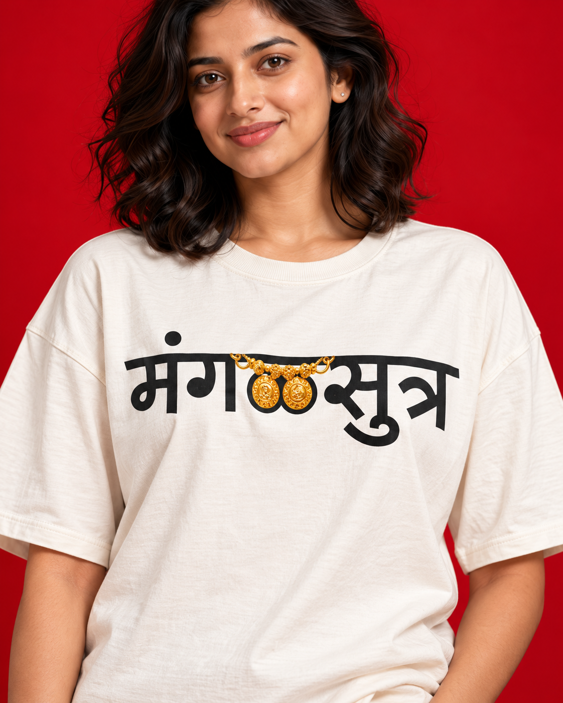Mangalsutra women's off-white oversized Marathi typography T-shirt close