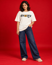 Mangalsutra women's off-white oversized Marathi typography T-shirt front