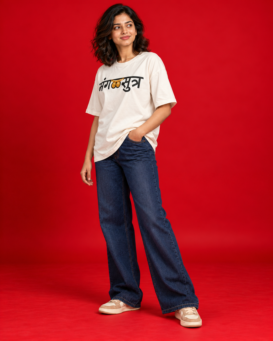 Mangalsutra women's off-white oversized Marathi typography T-shirt side