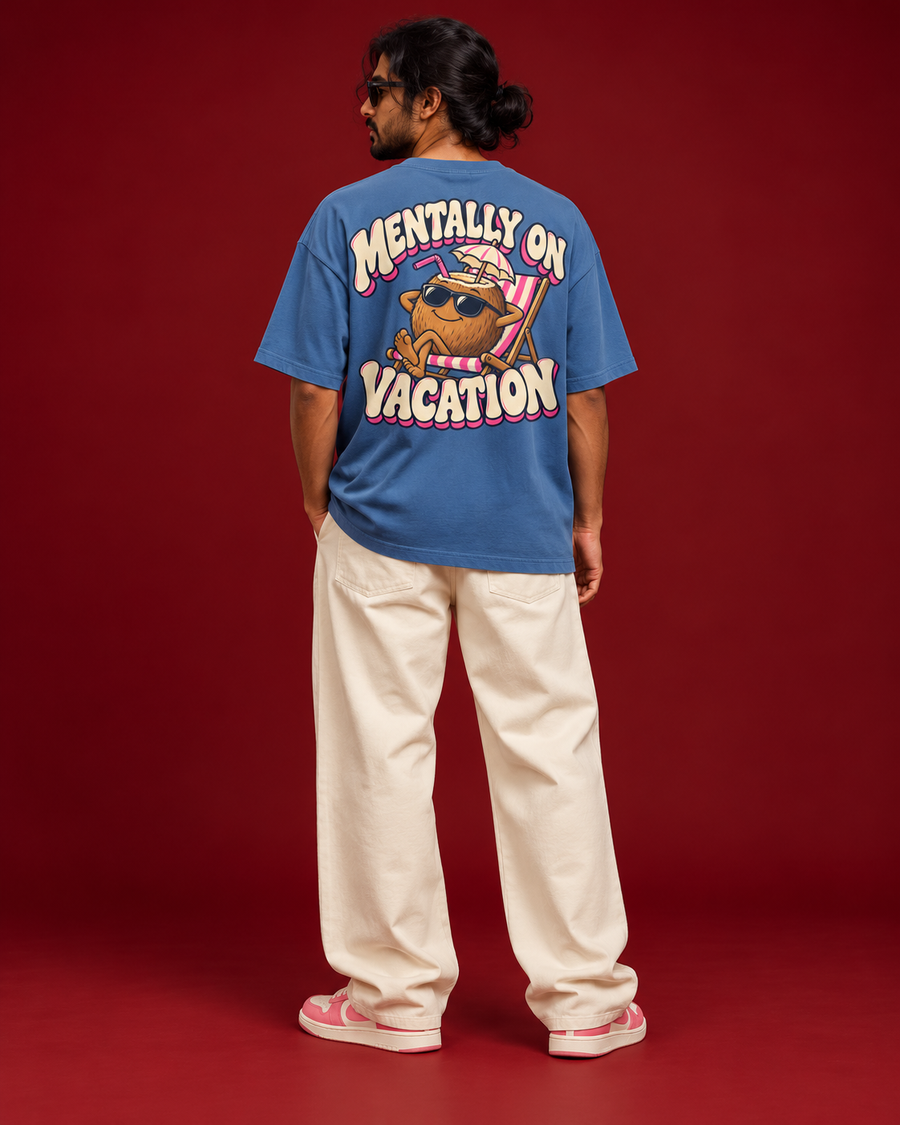 MENTALLY ON VACATION blue tee coconut beachchair back illustration