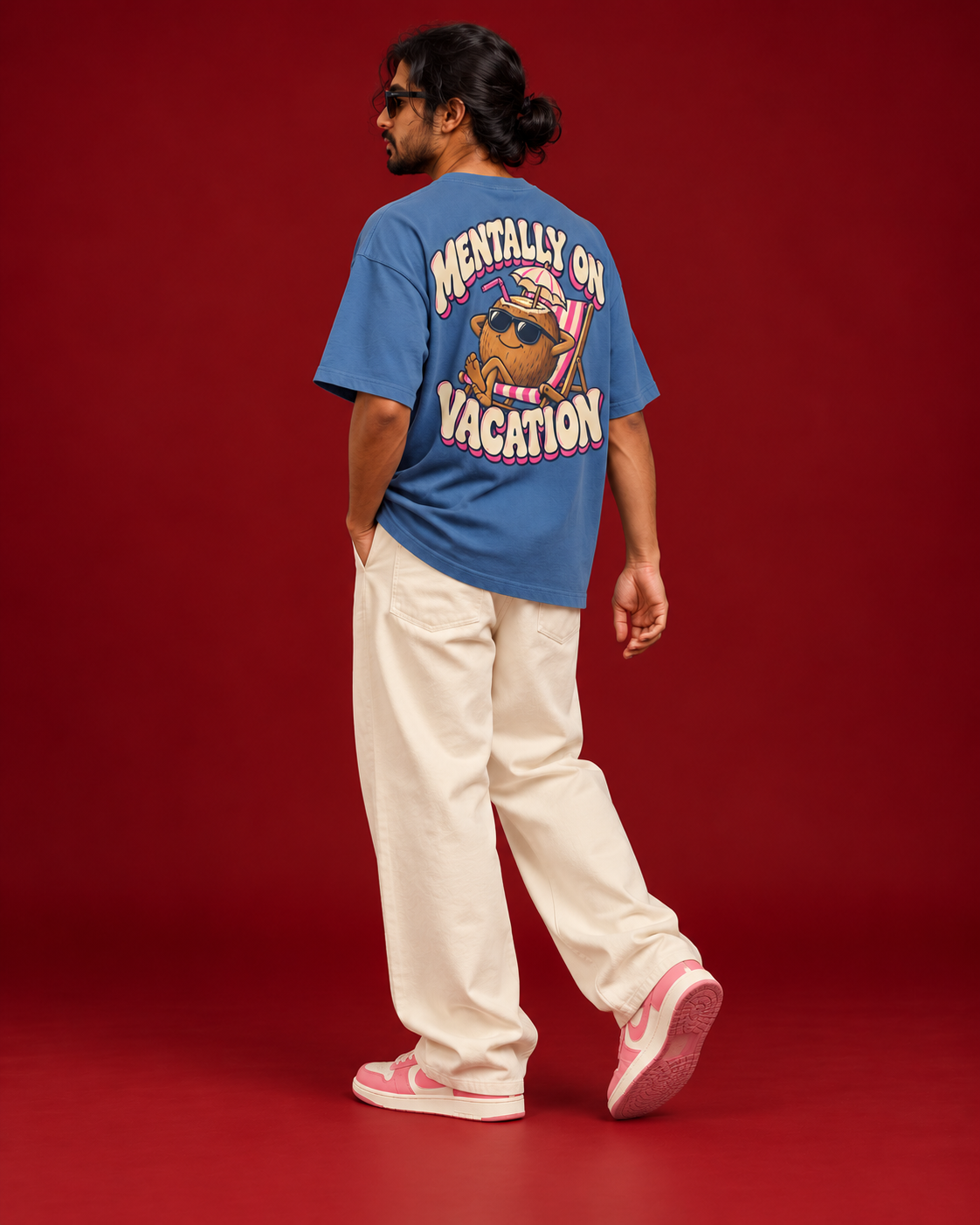 MENTALLY ON VACATION illustrated blue tee Side view