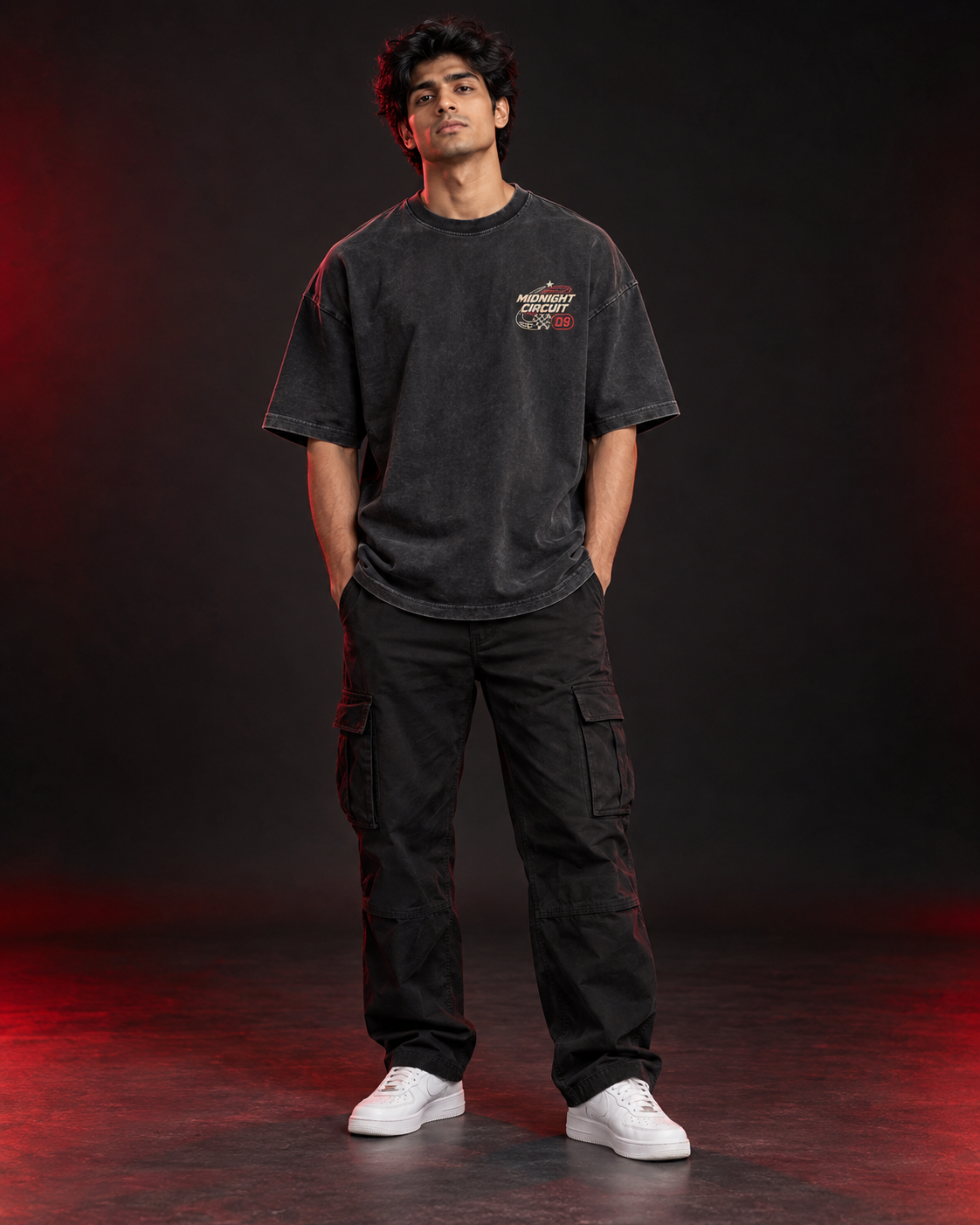 MIDNIGHT CIRCUIT washed charcoal oversized T-shirt front view