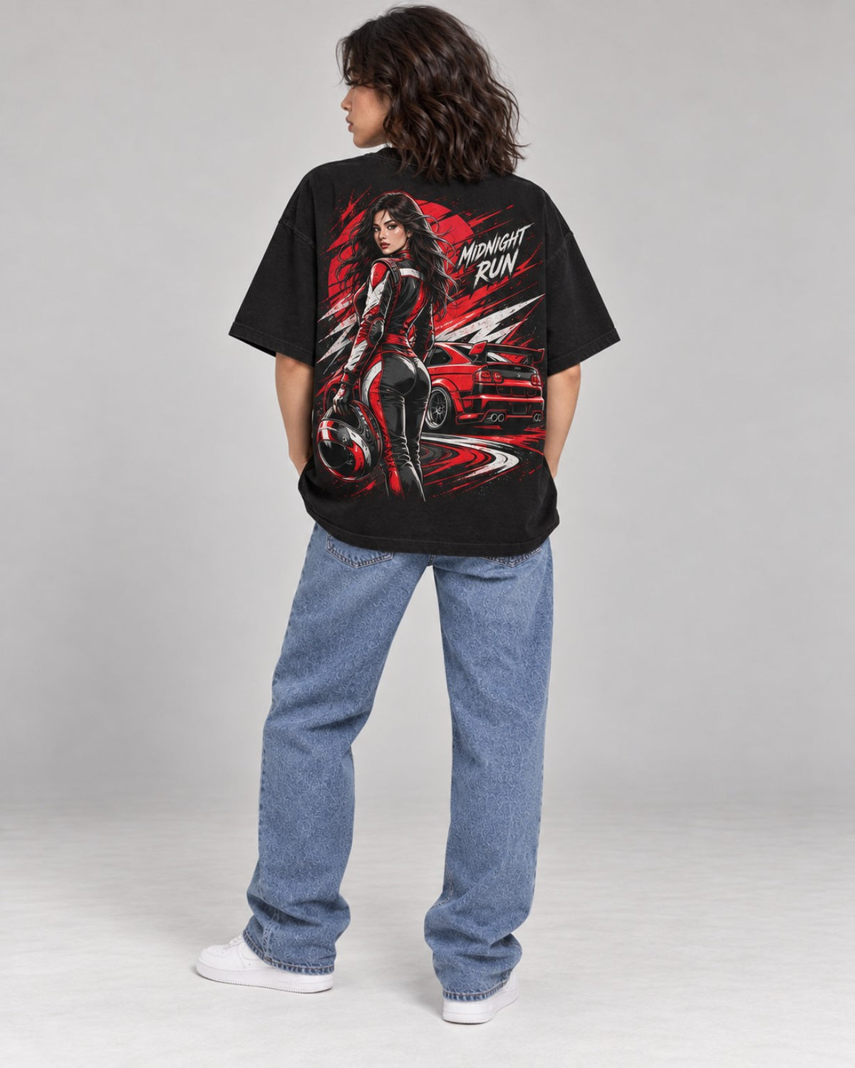 Midnight Run Racing women oversized black T-shirt full back
