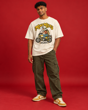 Mini Miles off-white oversized tee front retro yellow mini motorcycle rider illustration