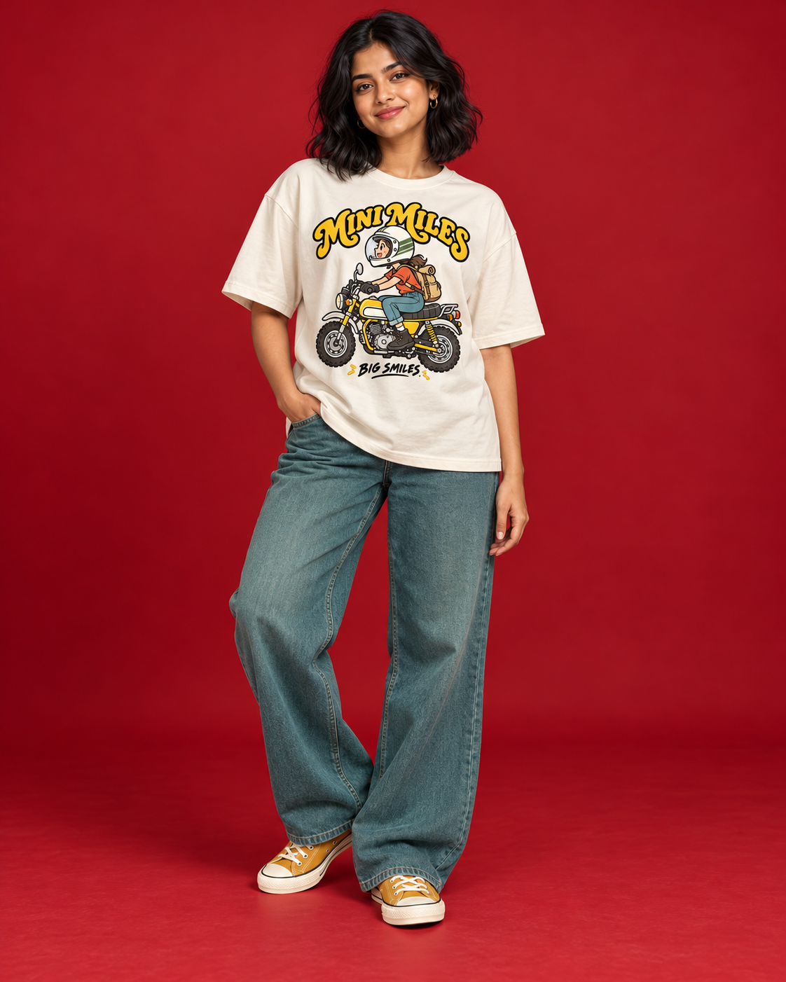 Women's Mini Miles off-white oversized T-shirt front mini motorcycle rider illustration