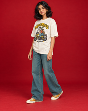 Women's Mini Miles off-white tee side view with retro rider front graphic