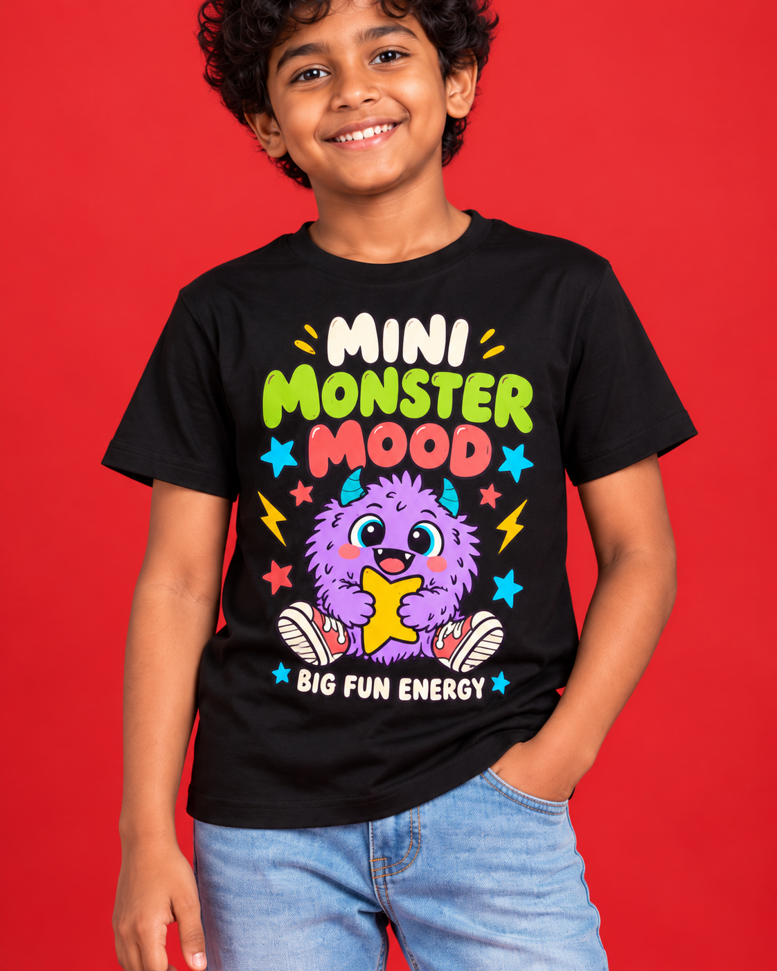 Mini Monster Mood black kids tee closeup