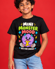 Mini Monster Mood black kids tee closeup
