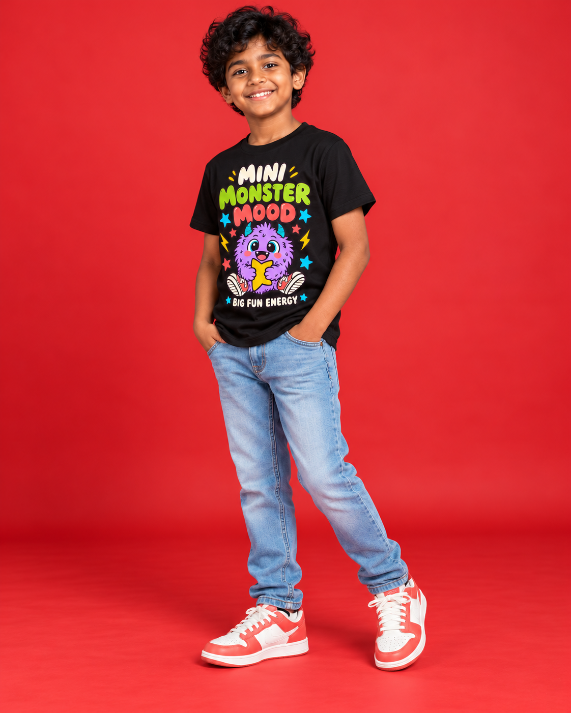 Mini Monster Mood black kids tee side