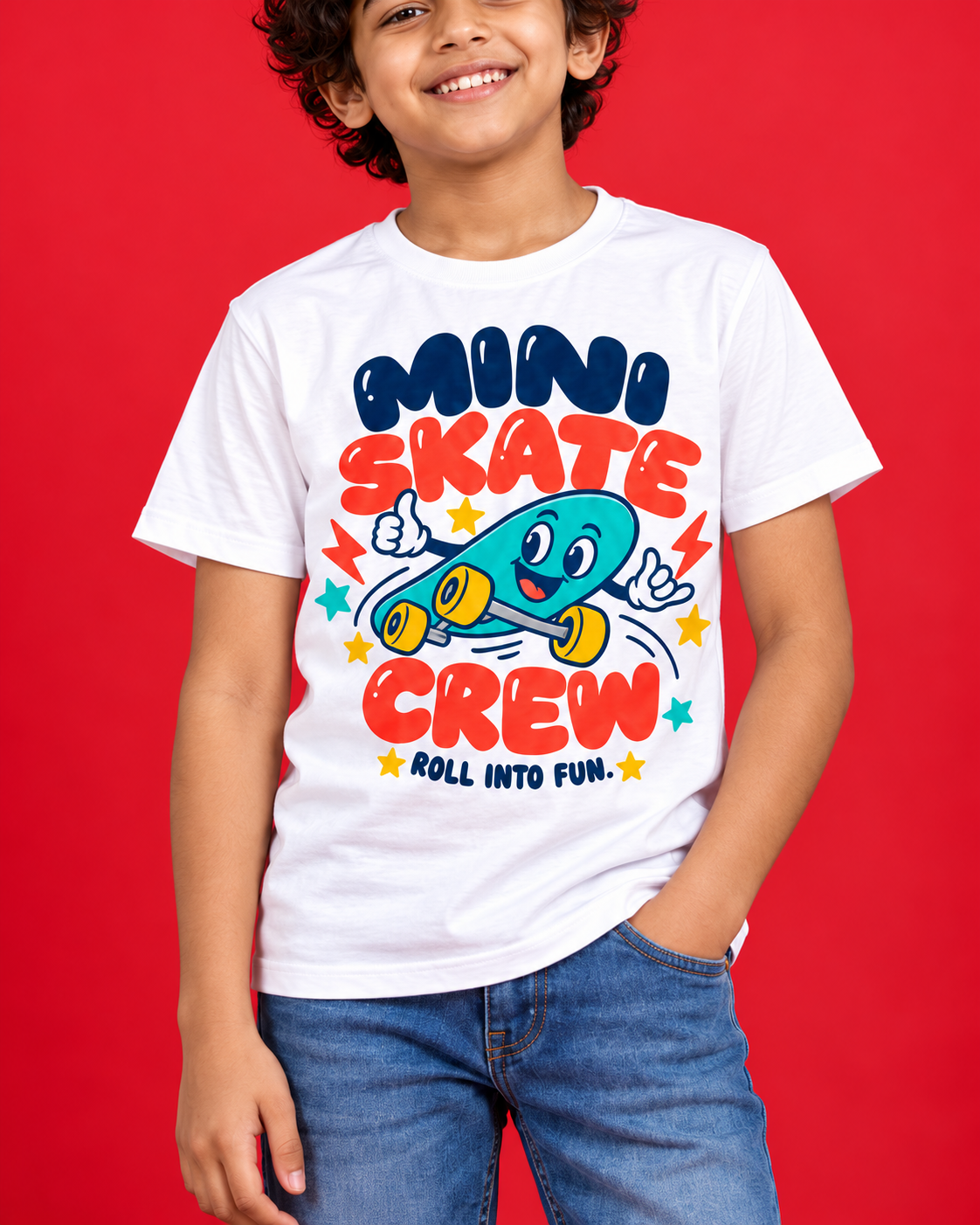 Mini Skate Crew white kids tee closeup