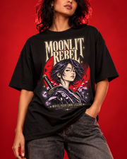 Moonlit Rebel black womens oversized tee closeup
