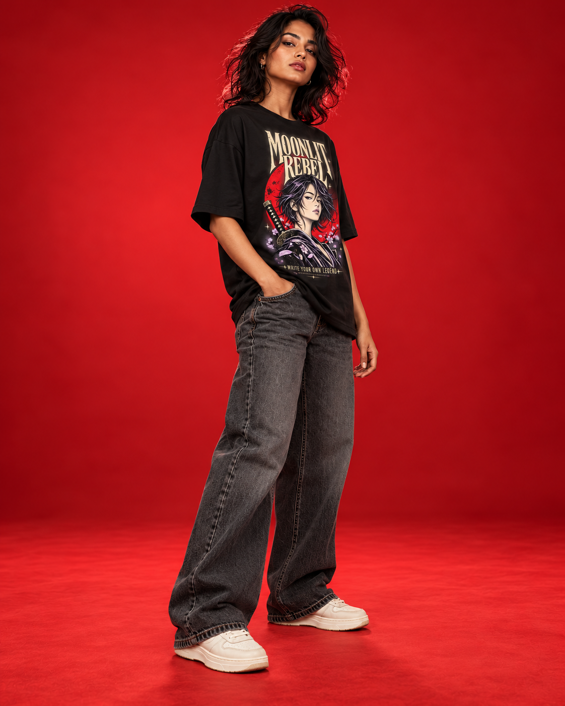 Moonlit Rebel black womens oversized tee side