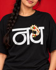Nath women's black oversized Marathi typography T-shirt close