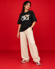Nath women's black oversized Marathi typography T-shirt side