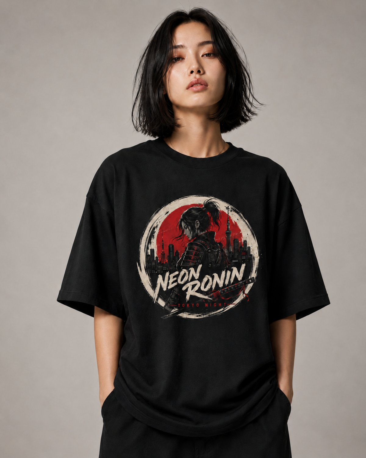 Neon Ronin women's oversized T-shirt close-up