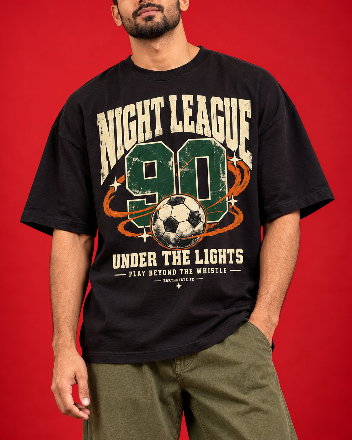 Night League 90 black mens oversized tee closeup