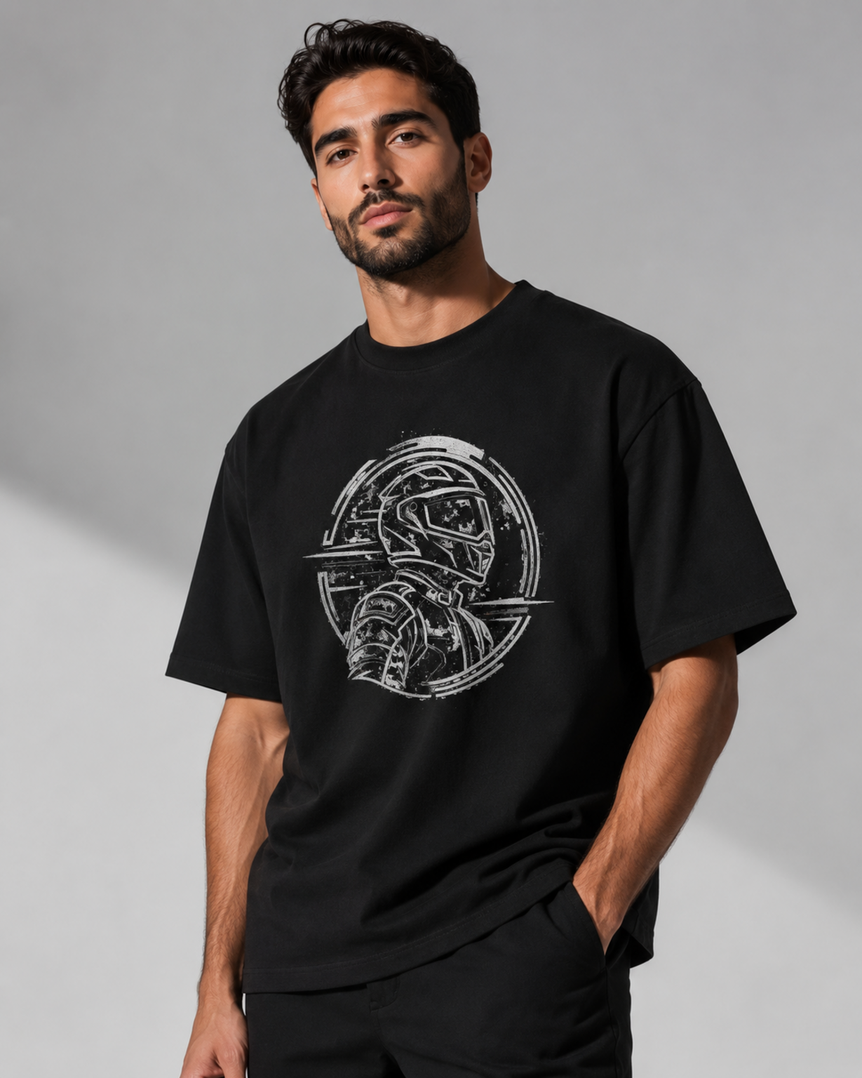 Night Rider Orbit black oversized T-shirt close-up