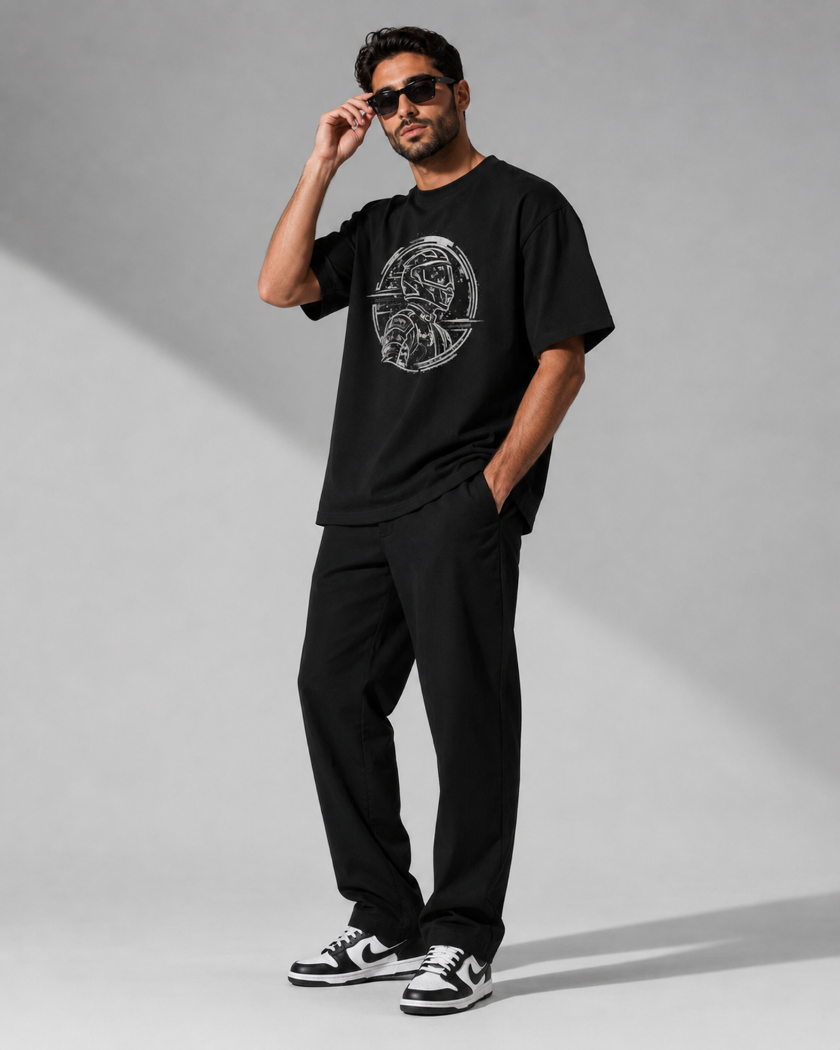 Night Rider Orbit black oversized T-shirt three-quarter pose