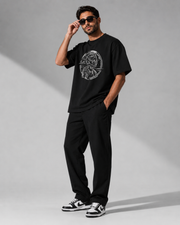 Night Rider Orbit black oversized T-shirt three-quarter pose