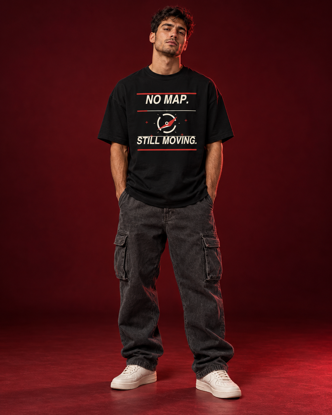 NO MAP STILL MOVING black oversized T-shirt front view