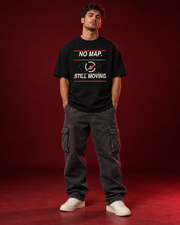 NO MAP STILL MOVING black oversized T-shirt front view
