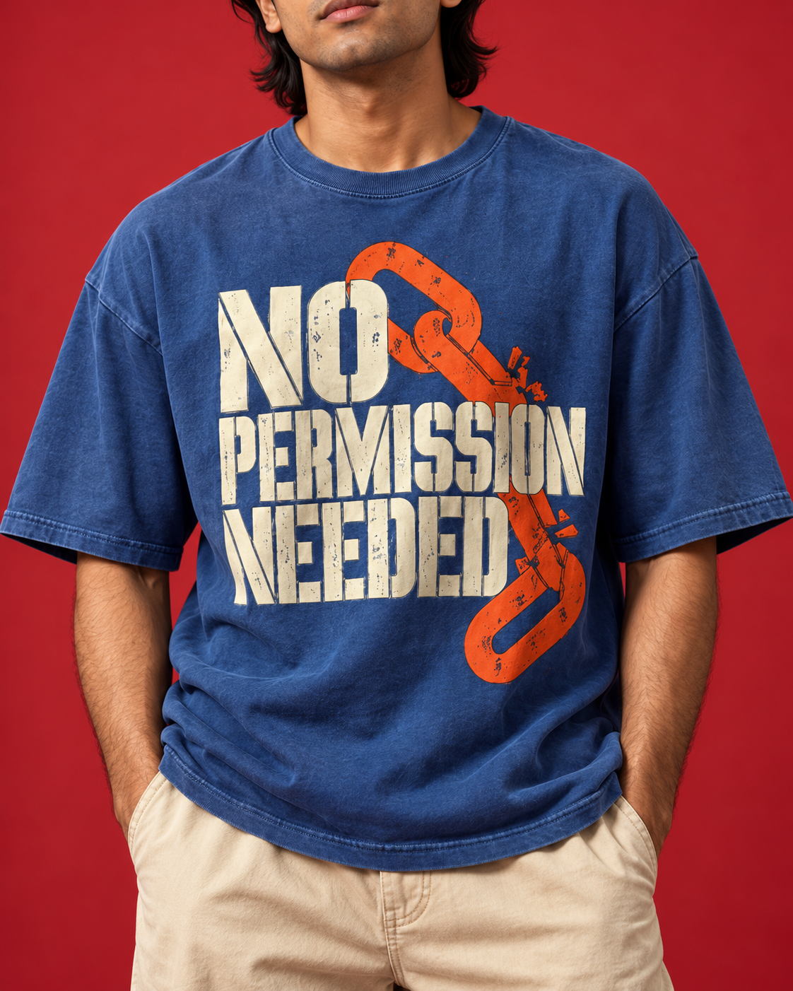 NO PERMISSION NEEDED ivory lettering orange broken chain close-up
