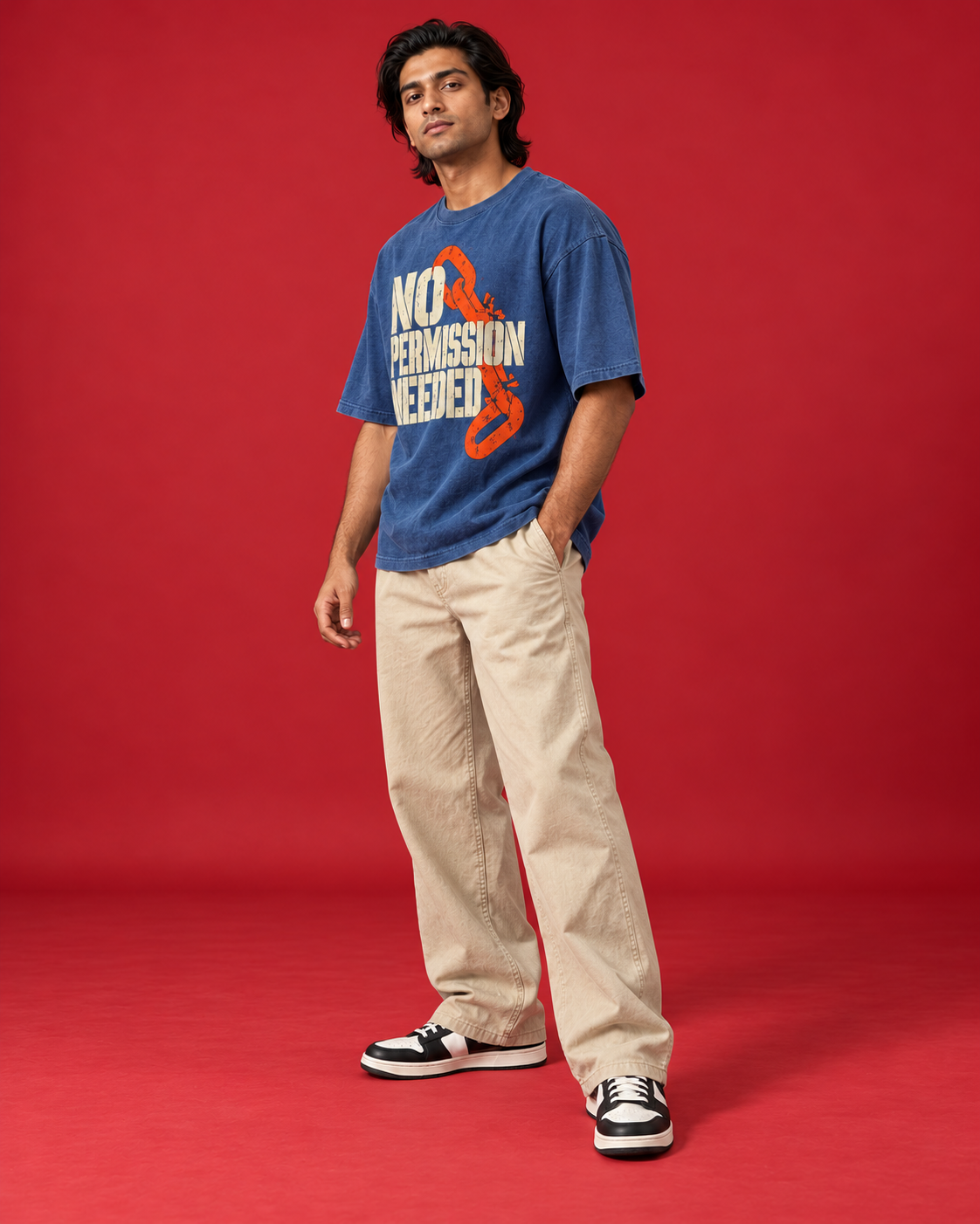 NO PERMISSION NEEDED blue tee three-quarter side