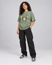NOPE MODE WOMEN'S OVERSIZED T-SHIRT in Sage Green – three-quarter pose