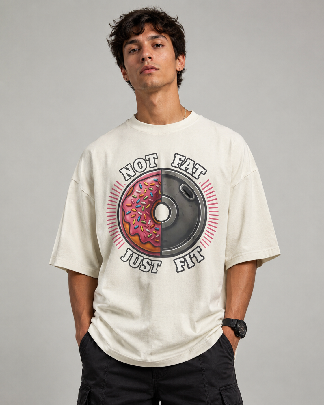 Not Fat Just Fit men's oversized off white T-shirt front