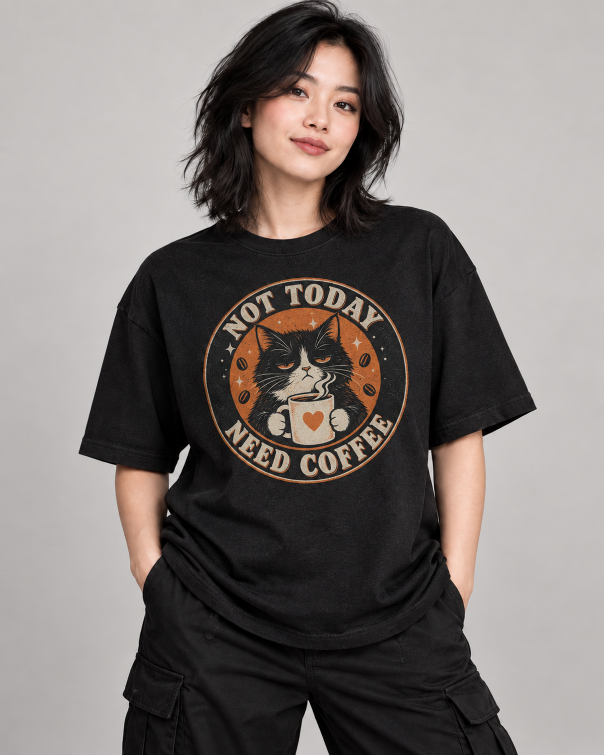 NOT TODAY NEED COFFEE WOMEN'S OVERSIZED T-SHIRT in Black – close-up
