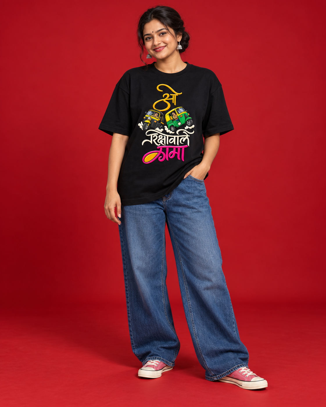 O Rickshawale Mama women's black oversized tee Marathi calligraphy yellow ivory pink two auto rickshaw front illustration