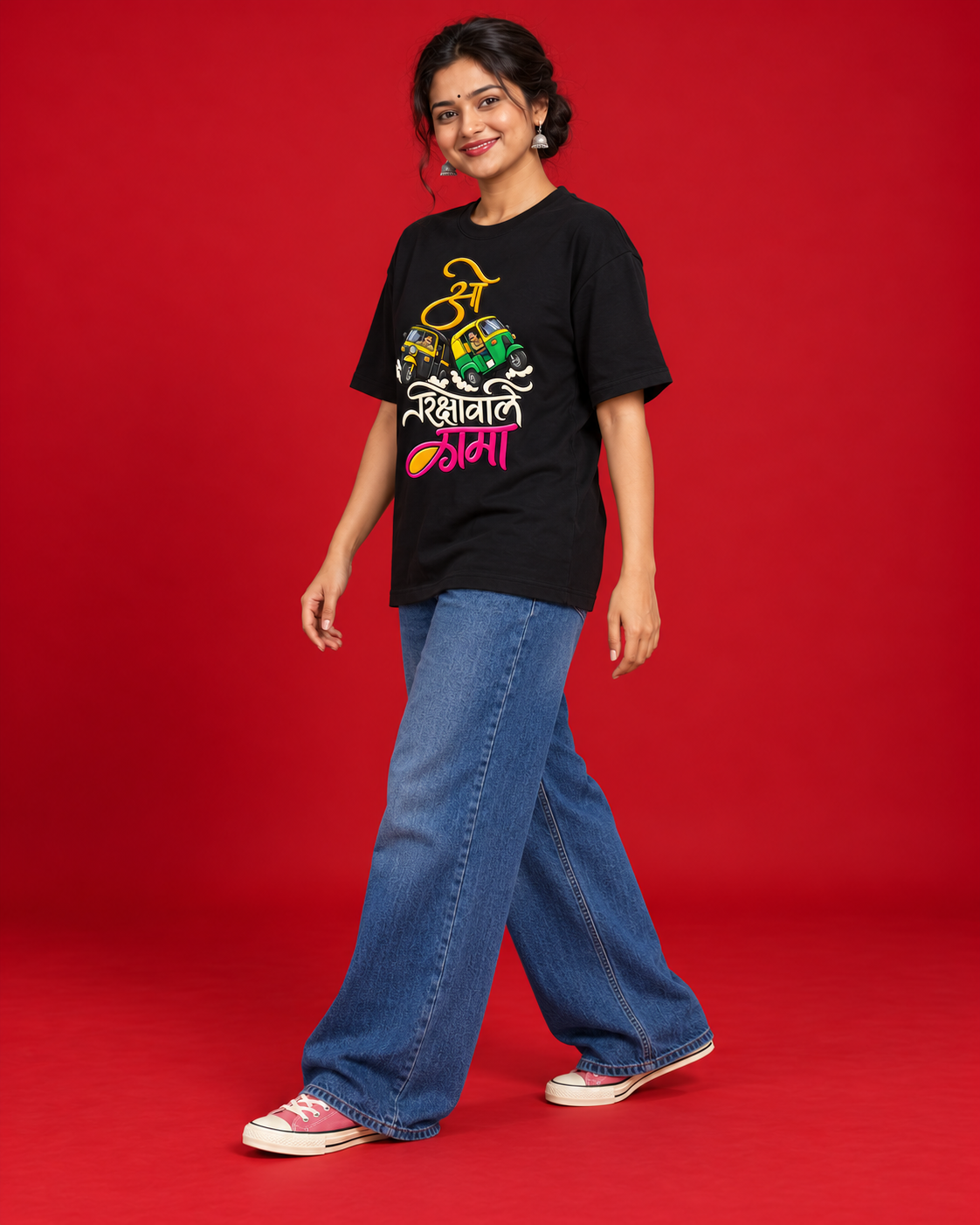 O Rickshawale Mama women's black tee Marathi typography auto illustration three-quarter side view