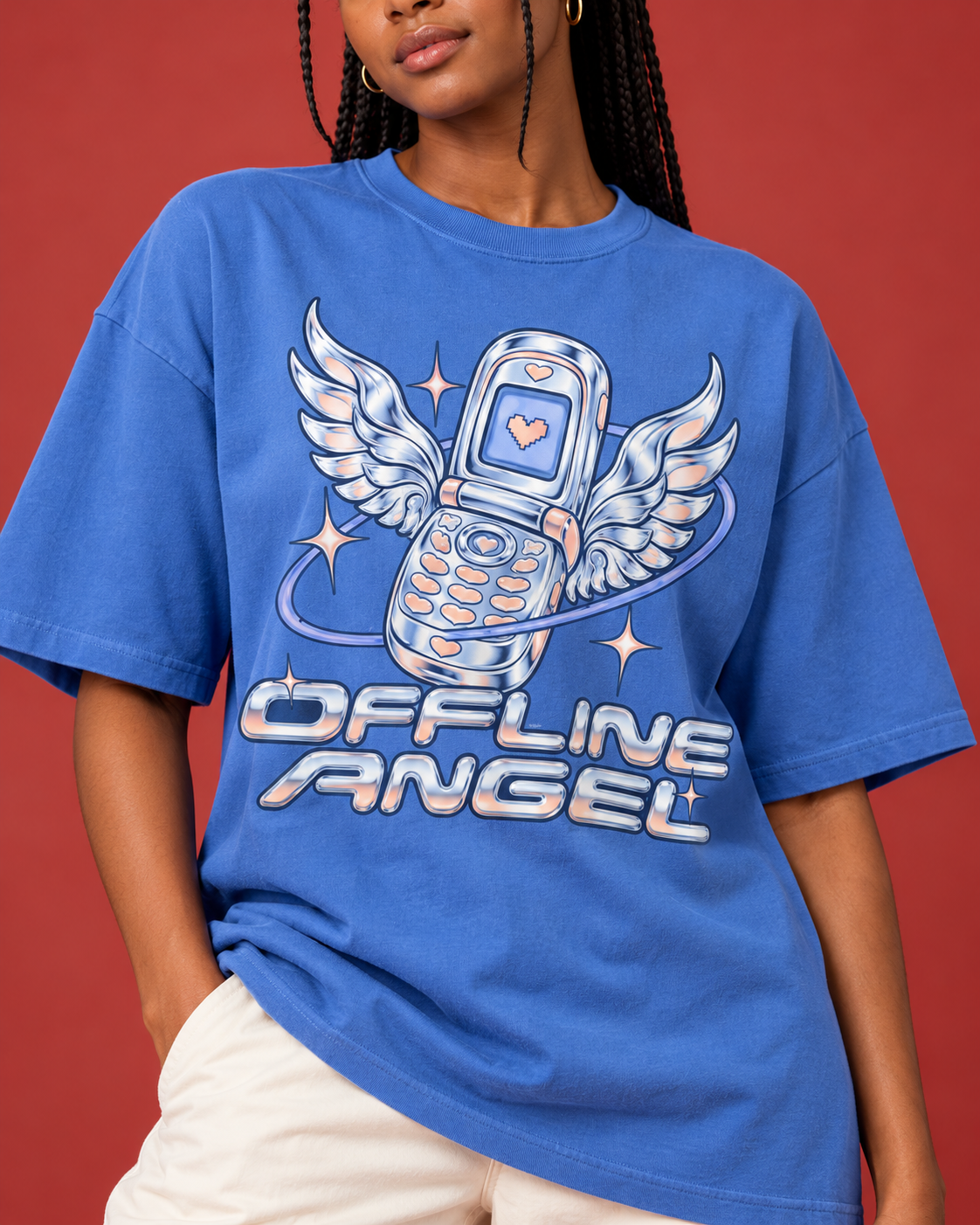 OFFLINE ANGEL blue women's oversized tee closeup