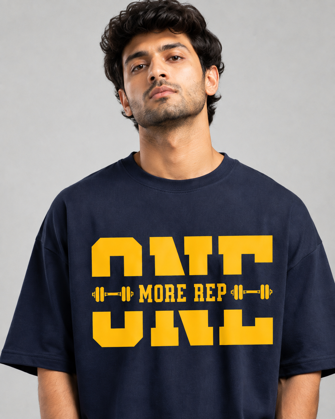 ONE MORE REP Navy Blue Oversized T-Shirt Close-Up