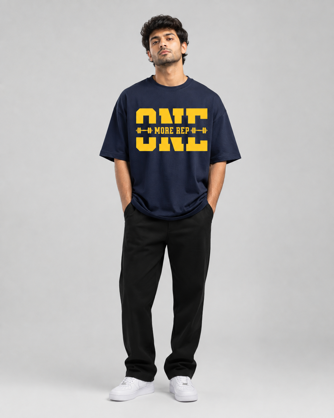 ONE MORE REP Navy Blue Oversized T-Shirt Front View