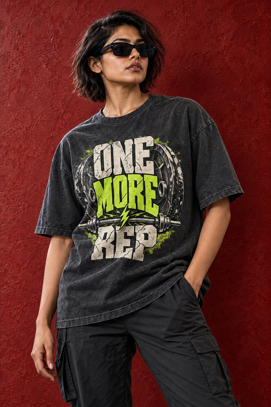 Front view of ONE MORE REP tee against red textured wall