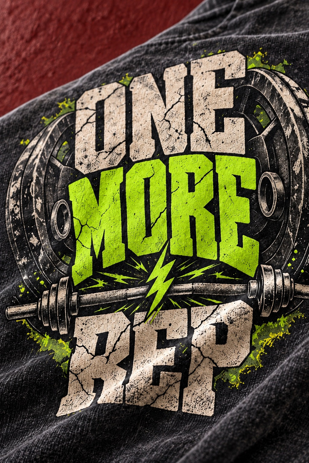 ONE MORE REP print detail with red wall backdrop