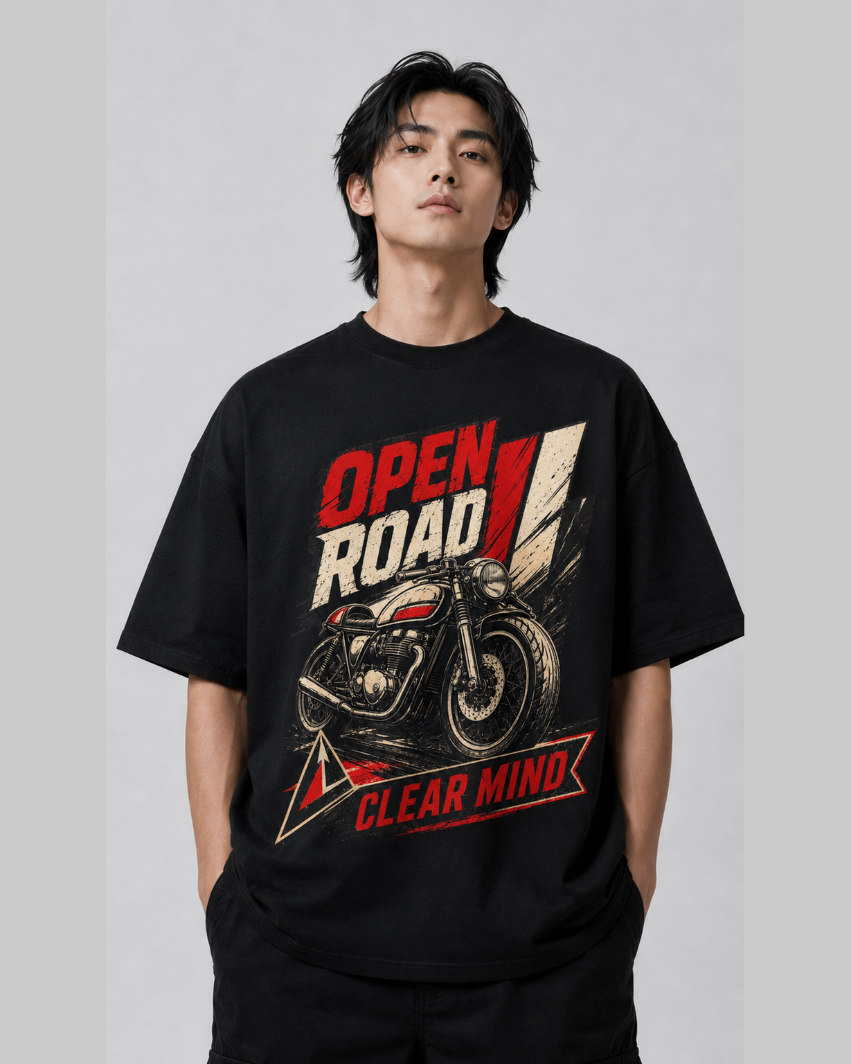 Open Road Clear Mind oversized black T-shirt design close-up