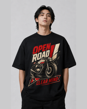 Open Road Clear Mind oversized black T-shirt design close-up