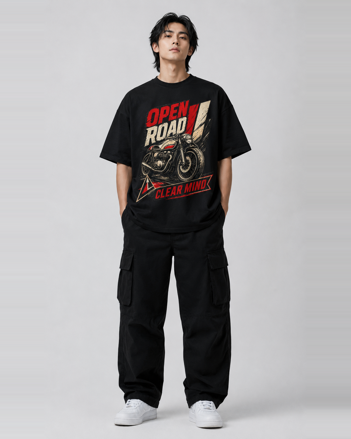 Open Road Clear Mind oversized black T-shirt full front view