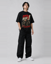 Open Road Clear Mind oversized black T-shirt three-quarter view
