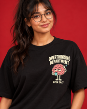 Overthinking Department women's black oversized T-shirt close-up brain with coffee and open 24/7 left chest print