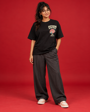 Overthinking Department women's black oversized T-shirt small left chest brain coffee illustration front view