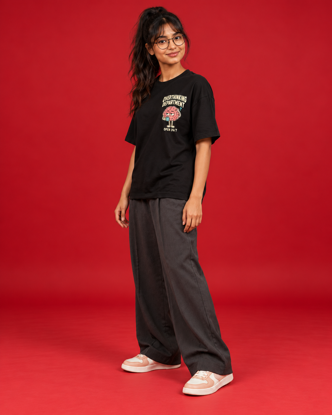 Overthinking Department women's black oversized T-shirt side three-quarter view small chest print