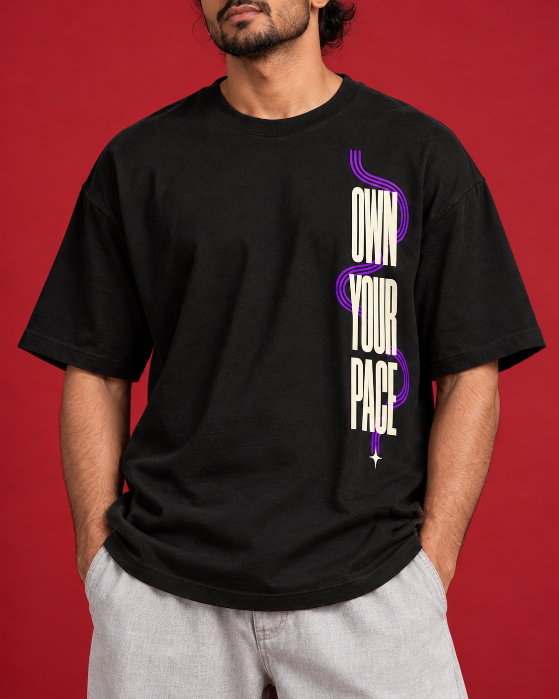 OWN YOUR PACE vertical left front print close-up
