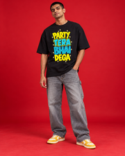 Party Tera Bhai Dega black oversized tee yellow cyan stacked typography front print