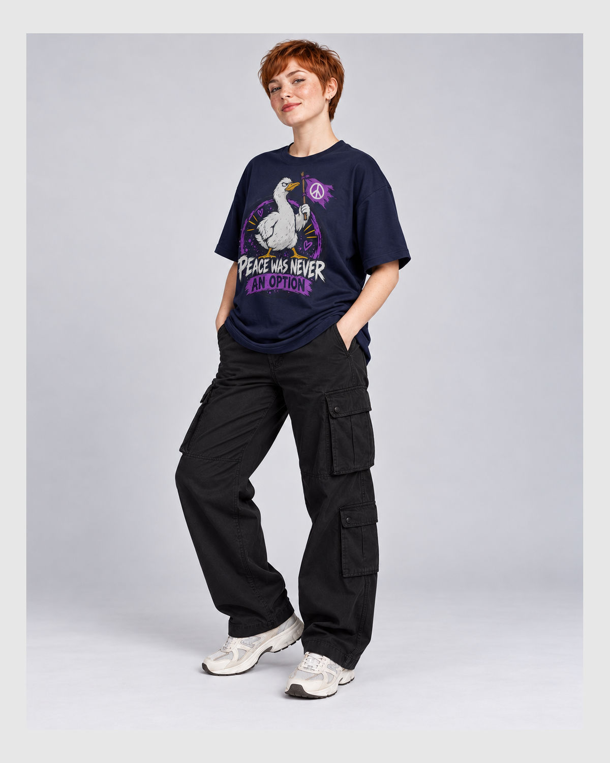 PEACE WAS NEVER AN OPTION OVERSIZED T-SHIRT three-quarter pose